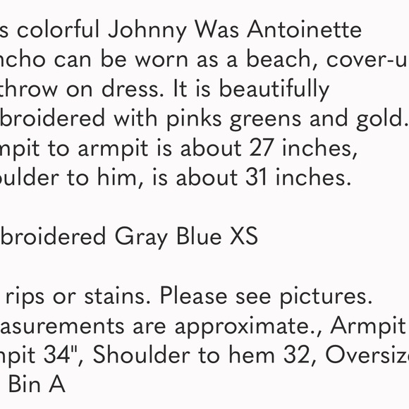 Johnny Was Antoinette Poncho XS
Embroidered Gray Blue - Picture 8 of 8